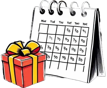 ikona z narysowanym ołówkiem kalednarzem i pudełkiem upominkowym